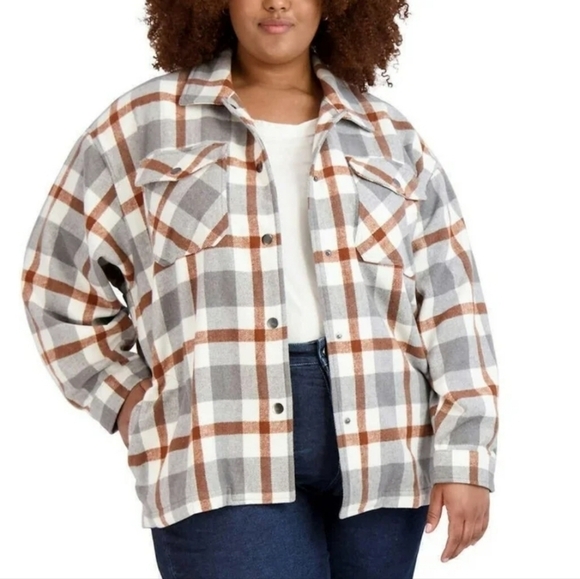 Hfx Women's Relaxed Fit Front Snap Cozy Plaid Shirt Jacket - Picture 1 of 11